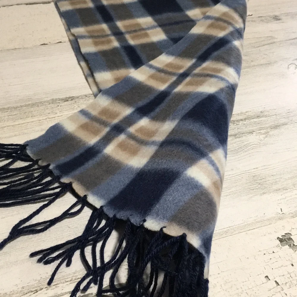 Royal Rossi blue tan cream white plaid 10”x62” cashmere scarf with fringe